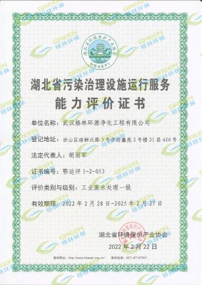 湖北省污染治理設(shè)施運(yùn)行服務(wù)能力評(píng)價(jià)證書(shū)工業(yè)廢水處理一級(jí)
